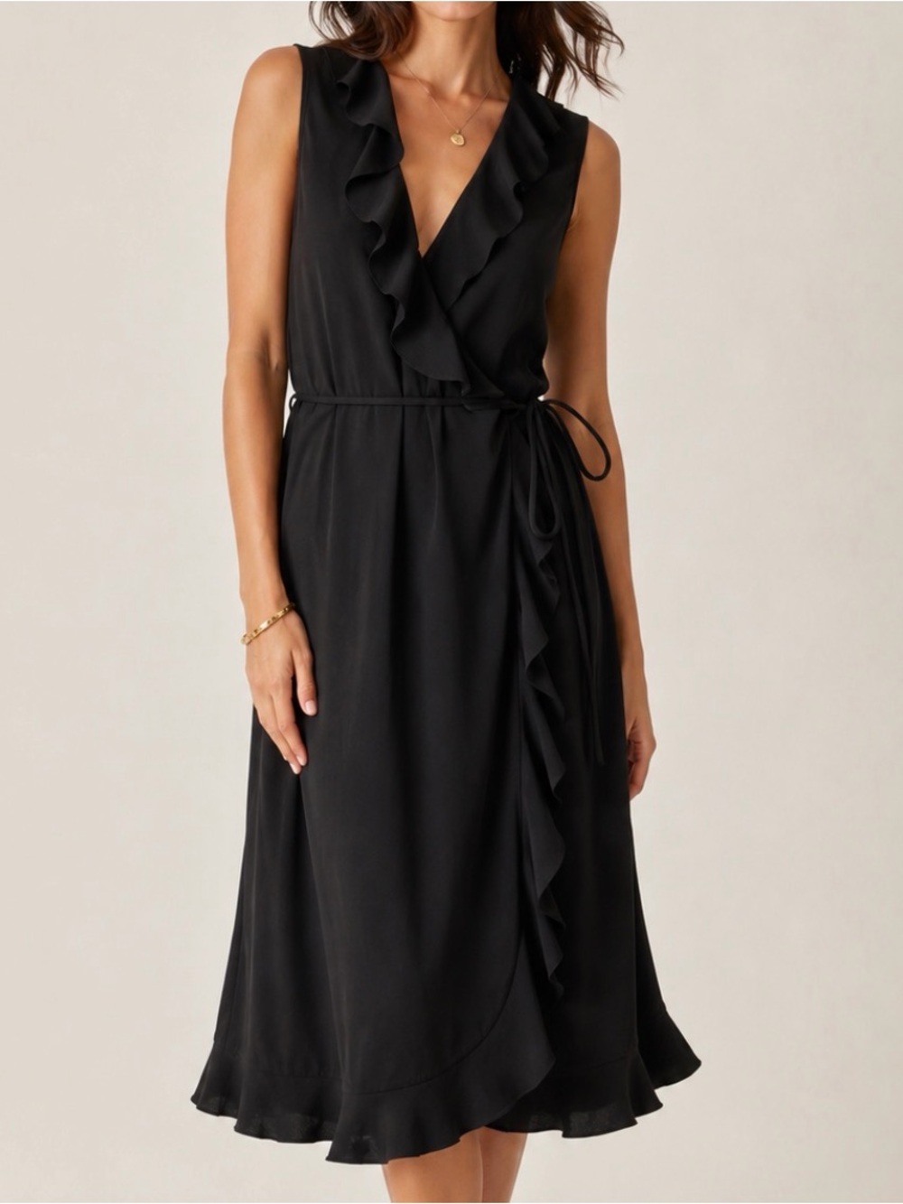NWT J. Crew Black Sleeveless Ruffle-Trim Wrap Dress